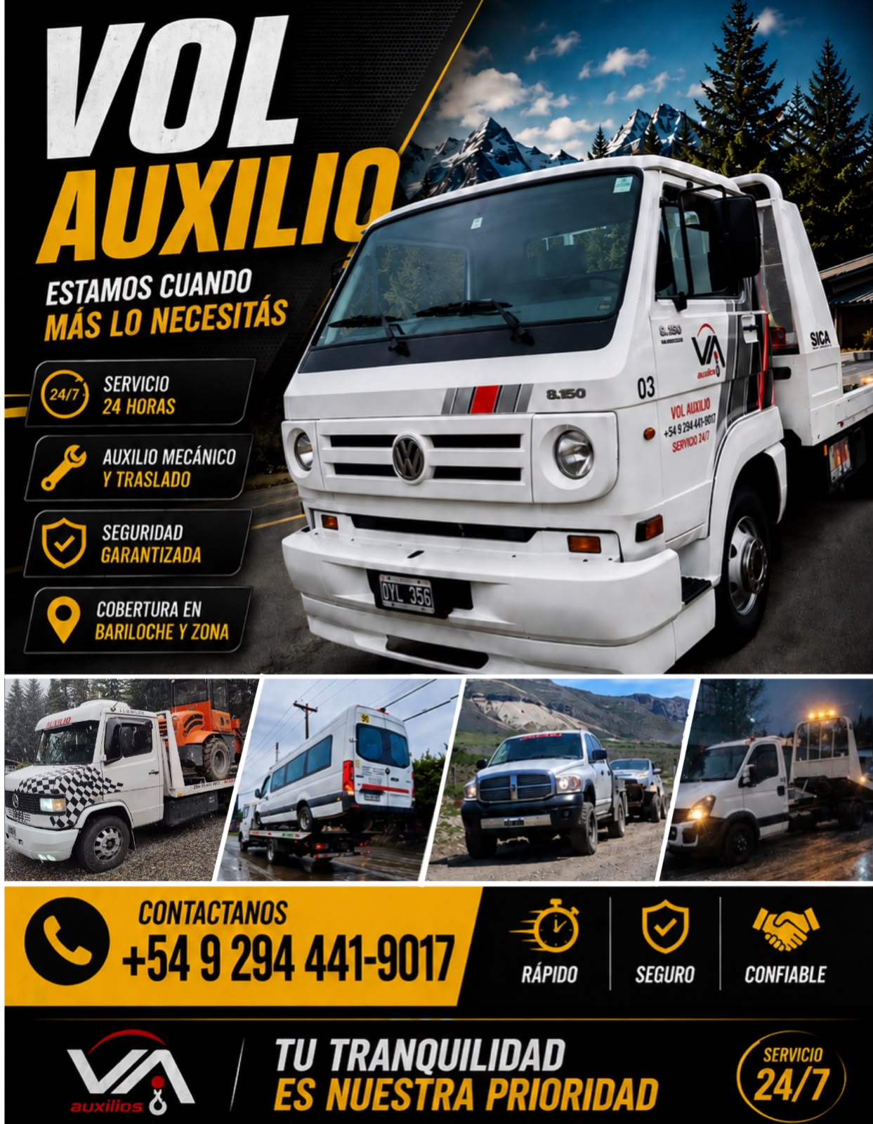 Lámina institucional de Volk Auxilios, auxilio y remolque 24/7